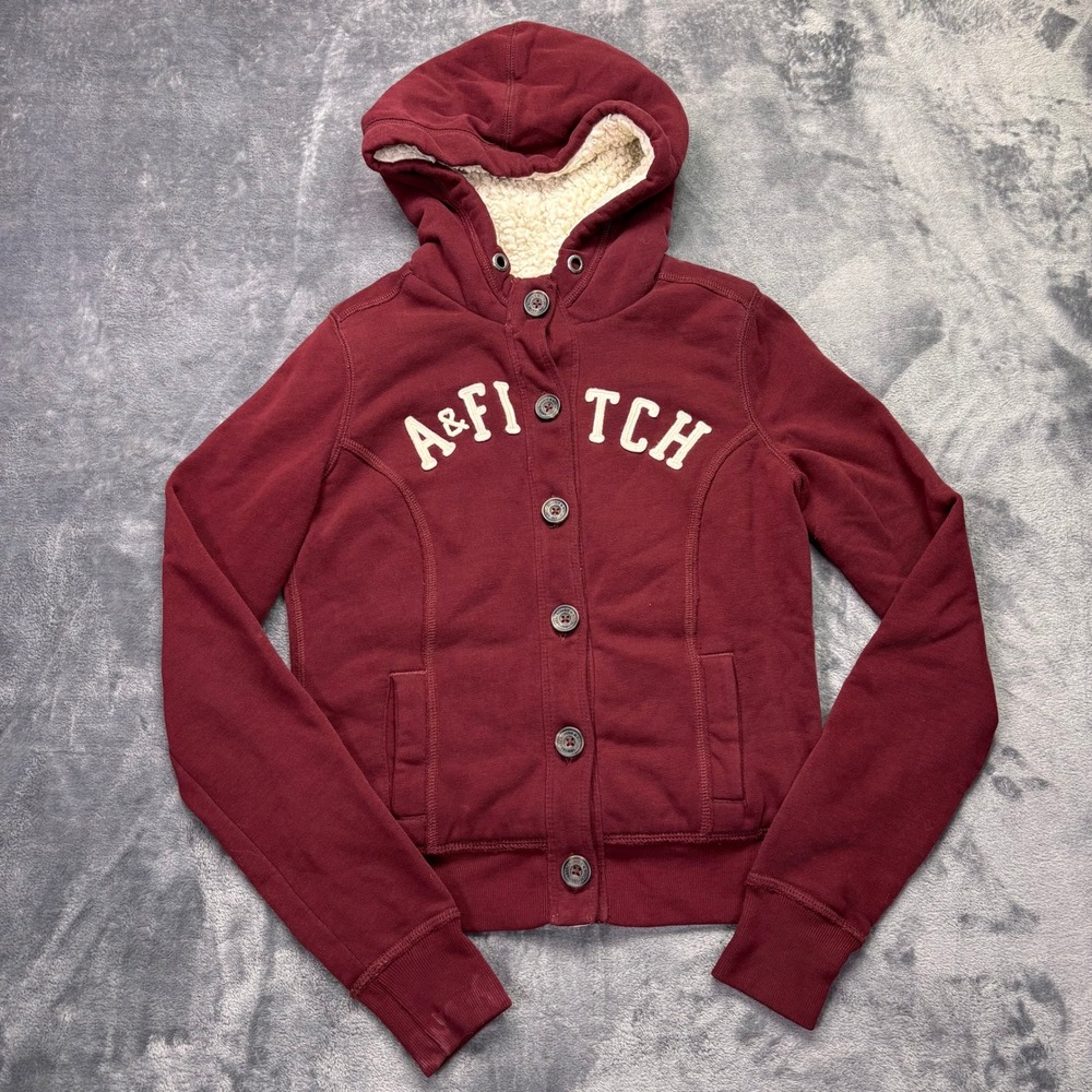 Abercrombie & Fitch Womens S Burgundy Sherpa Lined Button Front Hoodie Y2K Logo
